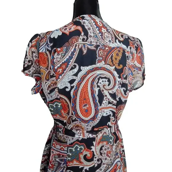 db established 1962 Paisley Tie Waist Pleated Boho Short Sleeve Dress - 14 - Picture 7 of 12